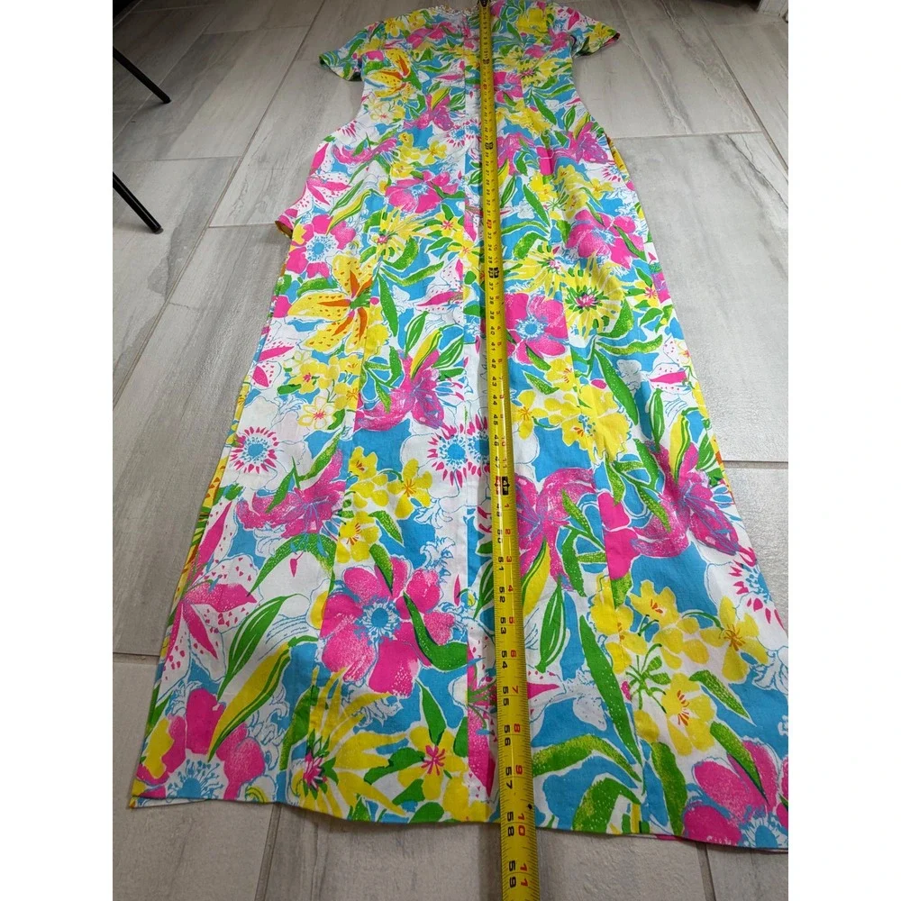 Lilly Pulitzer Floral Beaded Maxi Dress Pink Yellow Blue Short Sleeve Size 6